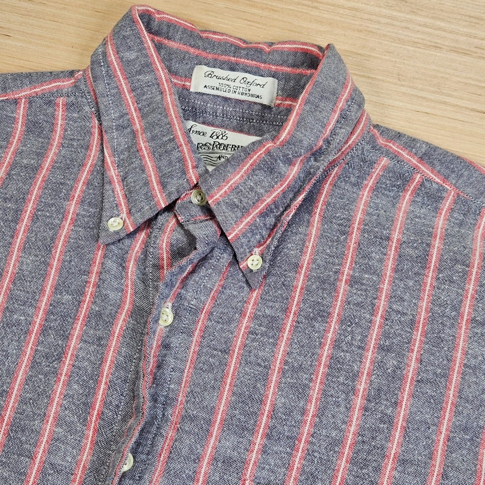 Sears Roebuck Brushed Oxford Mens L Red Gray Vertical Stripe Button Down Shirt